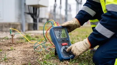 Medición de puesta a tierra con un telurímetro conectado a una jabalina junto a una subestación eléctrica