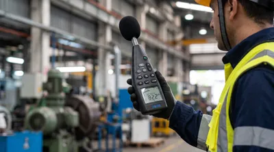 Profesional con casco mide el nivel de ruido con un sonómetro dentro de una planta industrial
