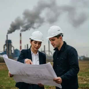Dos profesionales con casco blanco consultan planos frente a una planta industrial